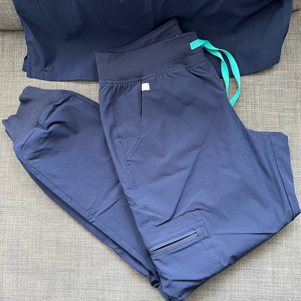 Figs Navy Blue Scrub Pants with Teal Drawstring